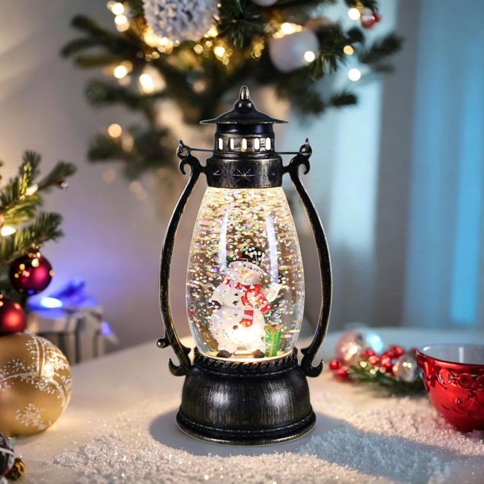 Decoratiune Luminoasa, Flippy, Felinar de Craciun, cu Lumina LED, Ornament Model Lampa cu Ulei Om de Zapada, cu Maner, 14x7x6 cm, Negru [4]