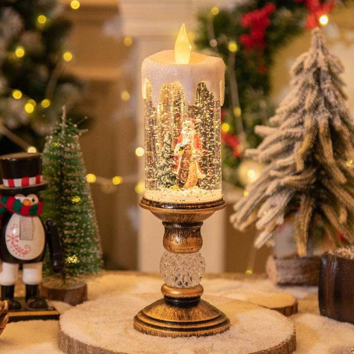 Decoratiune Luminoasa, Flippy, Lampa de Craciun, cu Lumina LED, Ornament Model Sfesnic cu Lumanare Mos Craciun si Bradul, 26x8.5x8.5 cm, Auriu [3]