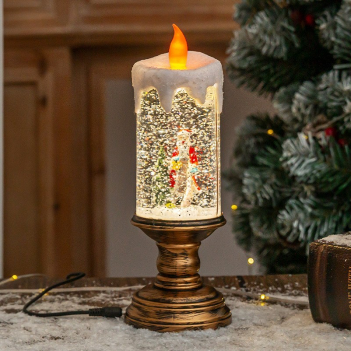 Decoratiune Luminoasa, Flippy, Lampa de Craciun, cu Lumina LED, Ornament Model Sfesnic cu Lumanare Mos Craciun si Bradul, 26x8.5x8.5 cm, Auriu [5]
