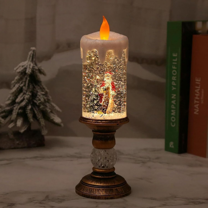 Decoratiune Luminoasa, Flippy, Lampa de Craciun, cu Lumina LED, Ornament Model Sfesnic cu Lumanare Mos Craciun si Bradul, 26x8.5x8.5 cm, Auriu [2]