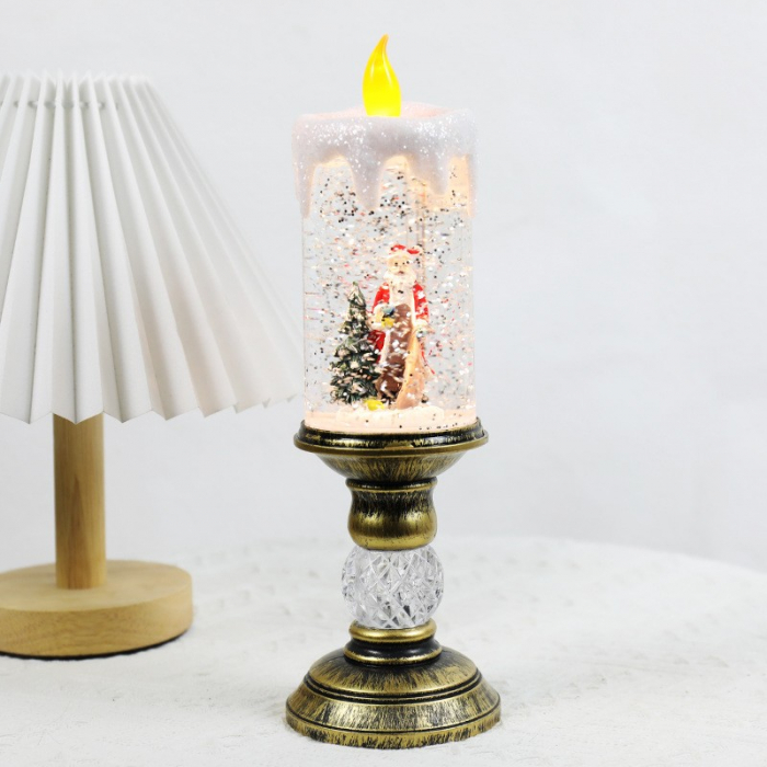 Decoratiune Luminoasa, Flippy, Lampa de Craciun, cu Lumina LED, Ornament Model Sfesnic cu Lumanare Mos Craciun si Bradul, 26x8.5x8.5 cm, Auriu [4]