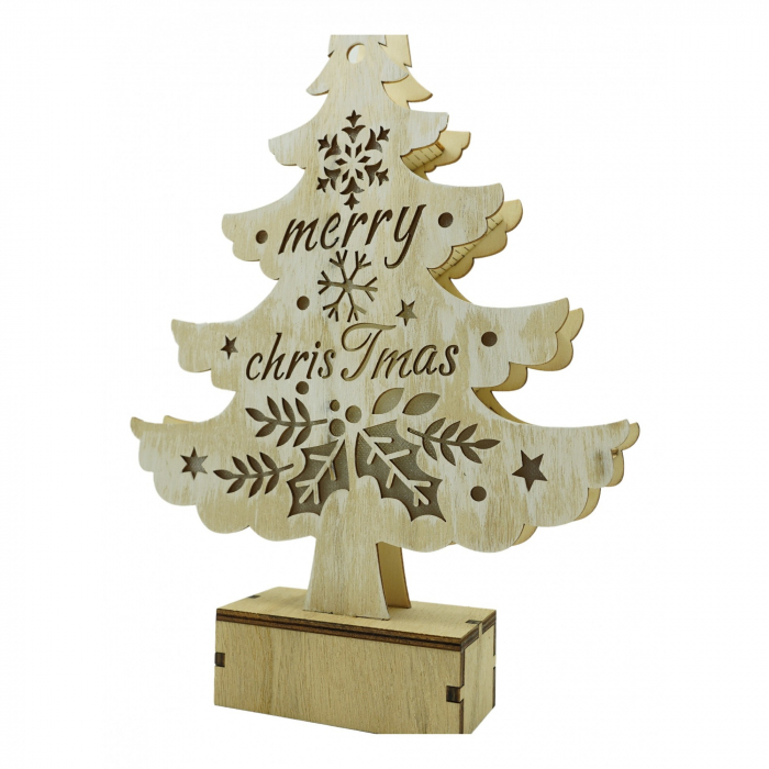 Decoratiune luminoasa, model de  Brad cu inscriptie Marry Christmas, alb, lungime: 11 cm, latime: 5 cm, inaltime: 30 cm, lemn, interior/exterior [1]