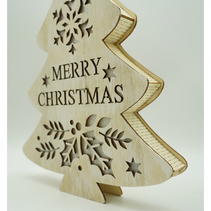 Decoratiune luminoasa, model de  Brad cu inscriptie Marry Christmas, alb, lungime: 19 cm, latime: 3 cm, inaltime: 22 cm, lemn, interior/exterior [3]