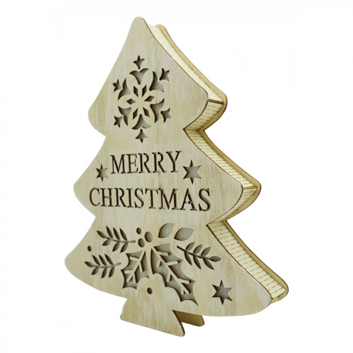 Decoratiune luminoasa, model de  Brad cu inscriptie Marry Christmas, alb, lungime: 19 cm, latime: 3 cm, inaltime: 22 cm, lemn, interior/exterior [1]