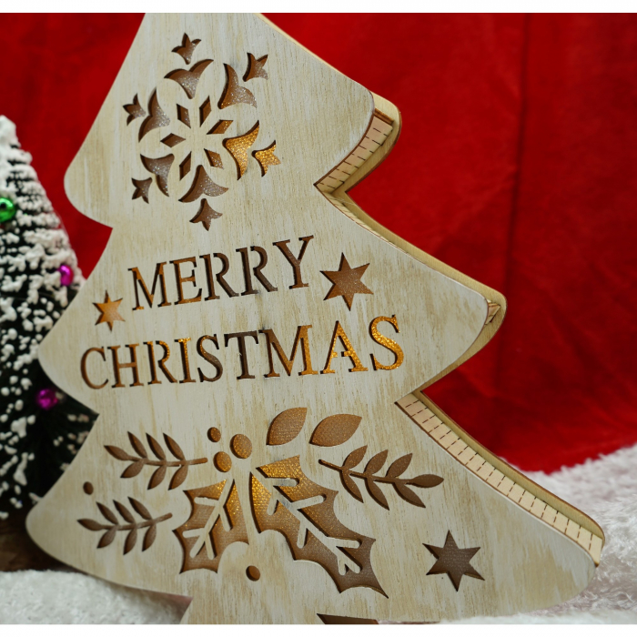 Decoratiune luminoasa, model de  Brad cu inscriptie Marry Christmas, alb, lungime: 19 cm, latime: 3 cm, inaltime: 22 cm, lemn, interior/exterior [4]