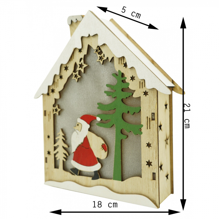 Decoratiune luminoasa, model de  Casa cu Mos Craciun, maro, lungime: 18 cm, latime: 21 cm, inaltime: 5 cm, lemn, interior/exterior [6]