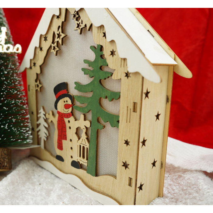 Decoratiune luminoasa, model de Casa cu Om de zapada, maro, lungime: 18 cm, latime: 5 cm, inaltime: 21 cm, lemn, interior/exterior [3]