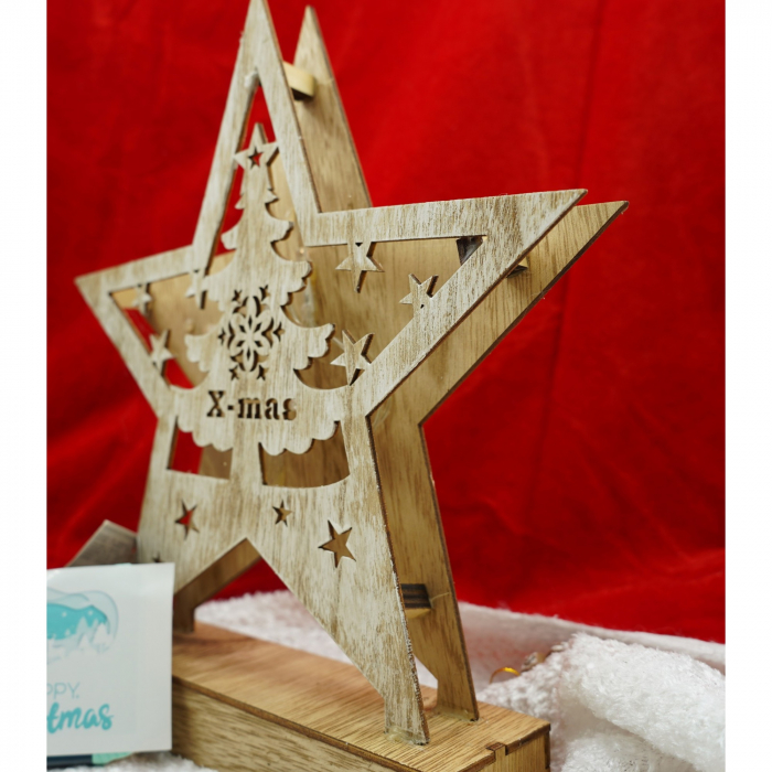 Decoratiune luminoasa, model de Stea cu Brad si inscriptie Marry Christmas, alb, lungime: 19 cm, latime: 5 cm, inaltime: 26 cm, lemn, interior/exterior [5]