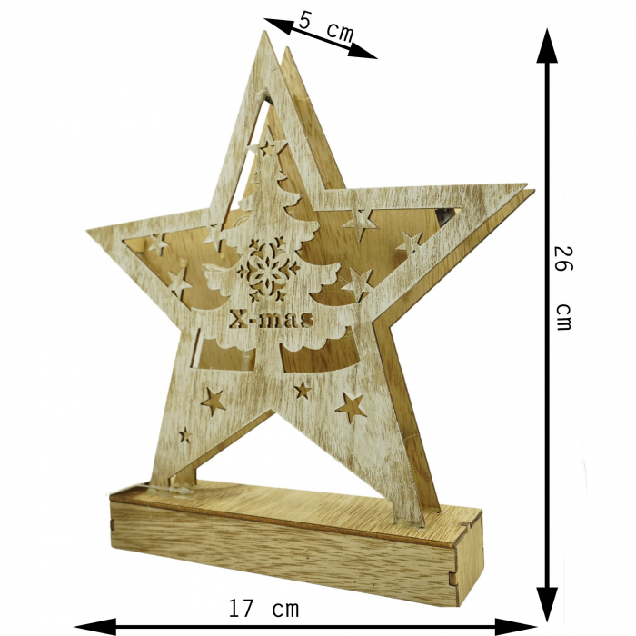 Decoratiune luminoasa, model de Stea cu Brad si inscriptie Marry Christmas, alb, lungime: 19 cm, latime: 5 cm, inaltime: 26 cm, lemn, interior/exterior [6]