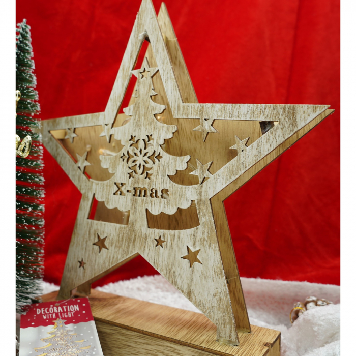 Decoratiune luminoasa, model de Stea cu Brad si inscriptie Marry Christmas, alb, lungime: 19 cm, latime: 5 cm, inaltime: 26 cm, lemn, interior/exterior [2]