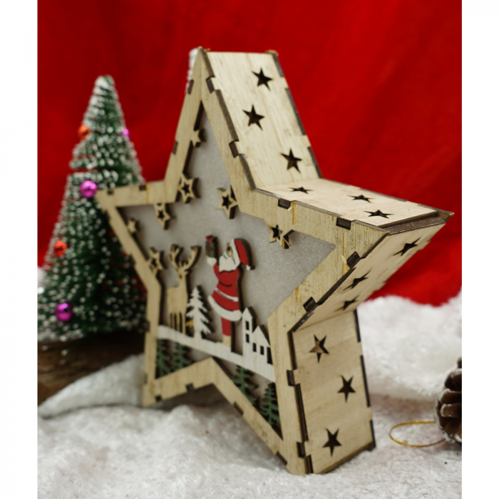 Decoratiune luminoasa, model de Stea cu Mos Craciun, maro, lungime: 18 cm, latime: 18 cm, inaltime: 4 cm, lemn, interior/exterior [3]