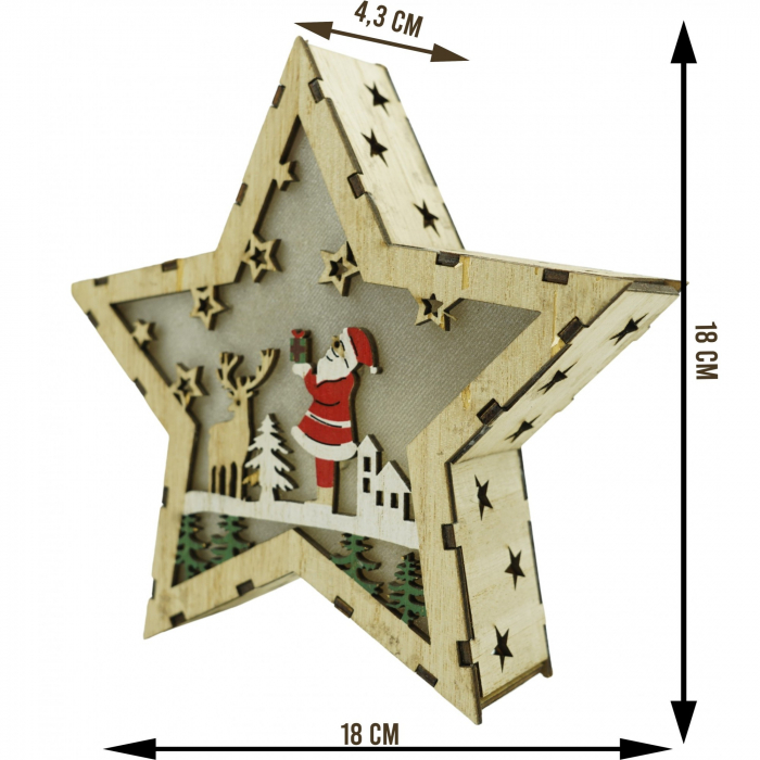 Decoratiune luminoasa, model de Stea cu Mos Craciun, maro, lungime: 18 cm, latime: 18 cm, inaltime: 4 cm, lemn, interior/exterior [6]