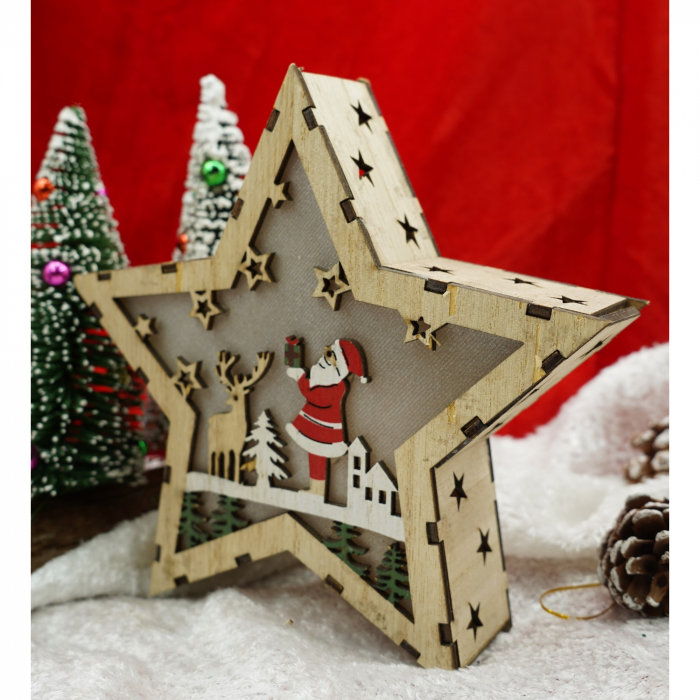Decoratiune luminoasa, model de Stea cu Mos Craciun, maro, lungime: 18 cm, latime: 18 cm, inaltime: 4 cm, lemn, interior/exterior [2]