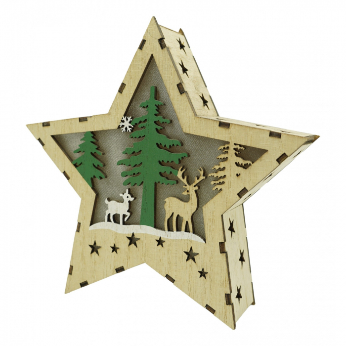 Decoratiune luminoasa, model de Stea cu Reni, maro, lungime: 18 cm, latime: 18 cm, inaltime: 4 cm, lemn, interior/exterior [1]
