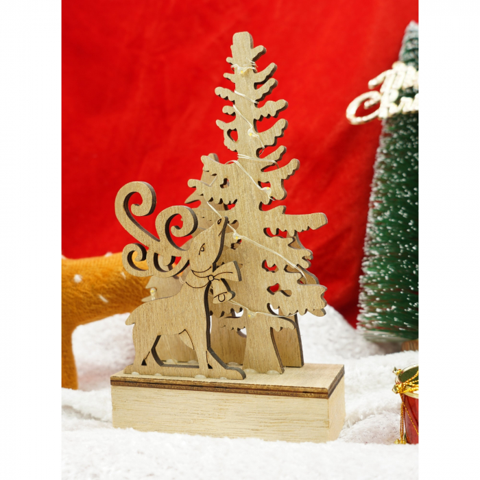 Decoratiune luminoasa, peisaj cu Cerb si Brad, maro, lungime: 11 cm, latime: 5 cm, inaltime: 19 cm, lemn, interior/exterior [2]