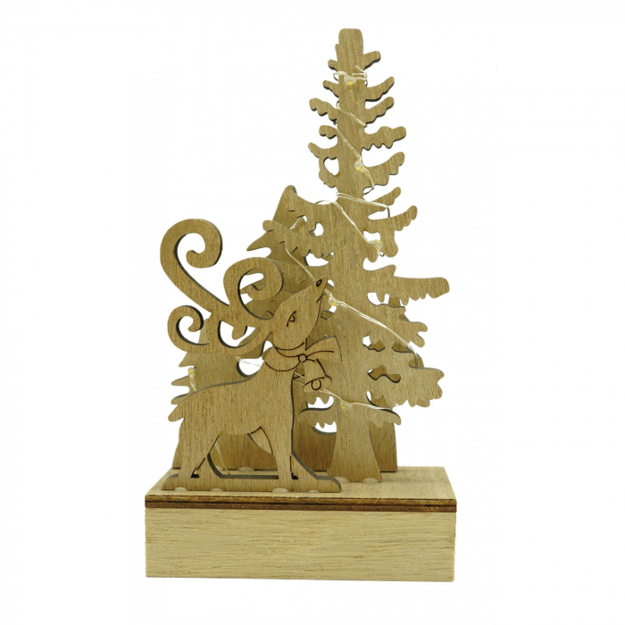 Decoratiune luminoasa, peisaj cu Cerb si Brad, maro, lungime: 11 cm, latime: 5 cm, inaltime: 19 cm, lemn, interior/exterior [1]