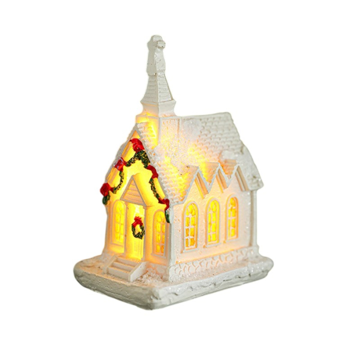 Decoratiune Ornament de Craciun, Flippy, Biserica de Craciun din Rasina, Model Biserica Mica Iluminata din Interior, 8.8 x 6 x 4.5 cm, Alb [6]