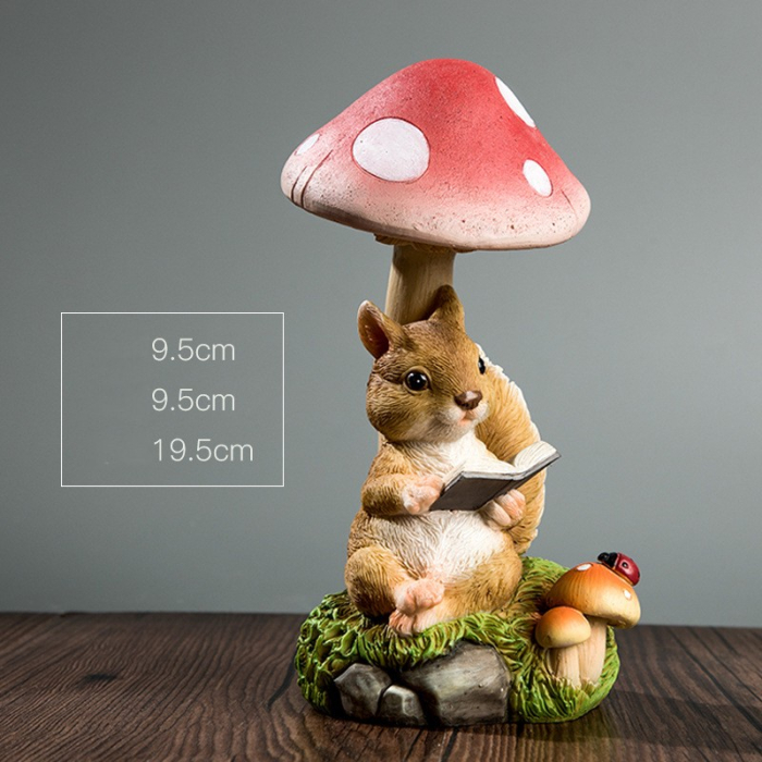 Decoratiune pentru Gradina, Flippy, Lumini LED cu Incarcare solara, 19.5 x 9.5 x 9.5 cm, Model Ciuperca cu Veverita care Citeste, Maro [2]