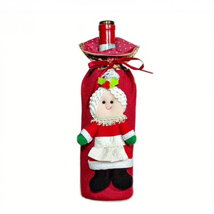 Decoratiune pentru Sticla de Vin, Flippy, Tema Craciun, Model Doamna Craciun, 14 x 29 cm, Rosu [1]