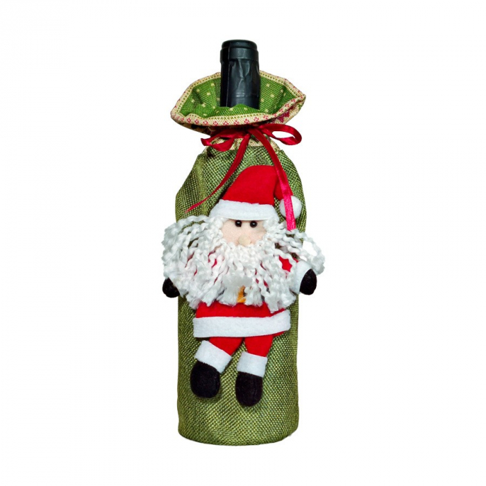 Decoratiune pentru Sticla de Vin, Flippy, Tema Craciun, Model Mos Craciun, 14 x 29 cm, Verde [1]