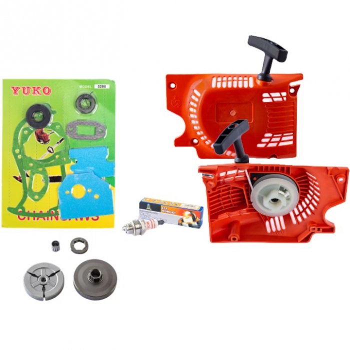 Kit universal pentru recondiționarea drujbelor pe benzină, bujii, ambreiaj cu carcasă, demaror, garnituri și inele O [1]