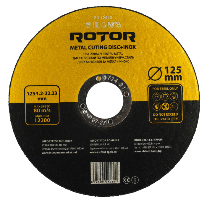 Disc abraziv pentru metal+inox ROTOR 125*1,2*22,23 set 10 [2]