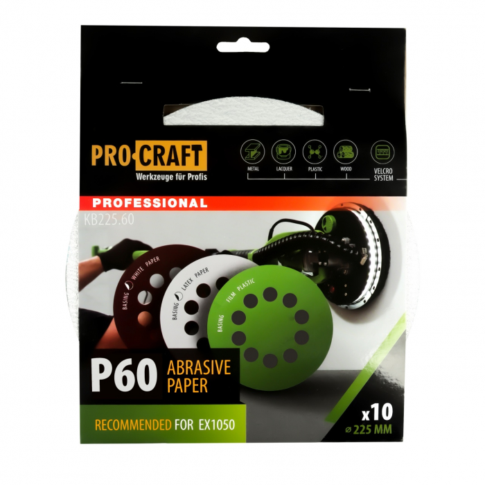 Disc abraziv pentru slefuitor cu excentric KB225.60 PROCRAFT (Set 10 buc) Diametru: 225 mm Granulatie: P60 [1]
