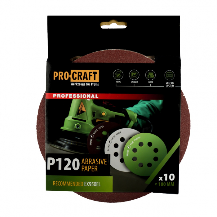 Disc abraziv pentru slefuitor cu excentric KD180.120 PROCRAFT (Set 10 buc) Diametru: 180 mm Granulatie: P120 [1]