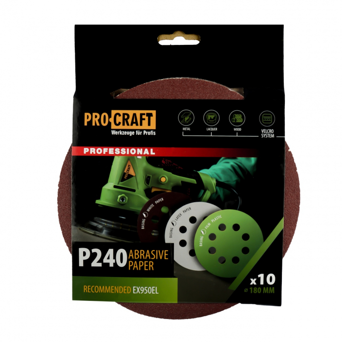 Disc abraziv pentru slefuitor cu excentric KD180.240 PROCRAFT (Set 10 buc)Diametru: 180 mm Granulatie: P240 [1]