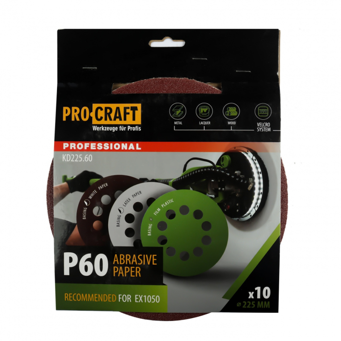Disc abraziv pentru slefuitor cu excentric KD225.60 PROCRAFT (Set 10 buc)Diametru: 225 mm Granulatie: P60 [1]