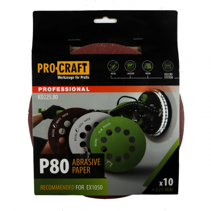 Disc abraziv pentru slefuitor cu excentric KD225.80 PROCRAFT (Set 10 buc) Diametru: 225 mm Granulatie: P80 [1]