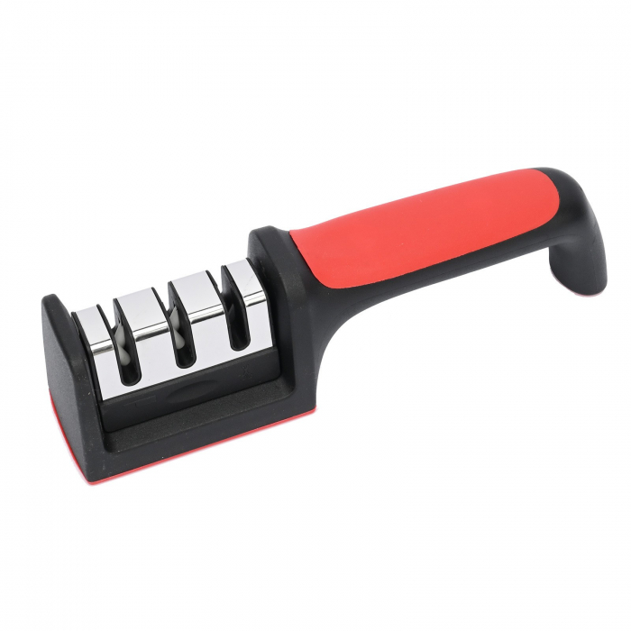 Dispozitiv pentru ascutit cutite Flippy, cu 3 pozitii, rosu/negru, material inox si ABS, 21.5x5x6 cm [1]
