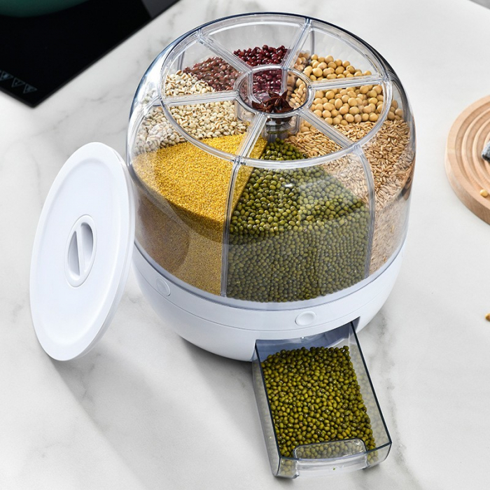 Dozator de cereale Flippy, rotativ 360, 6 compartimente, capacitate 3 L, rezistent la umezeala, inchidere etansa, alb [3]