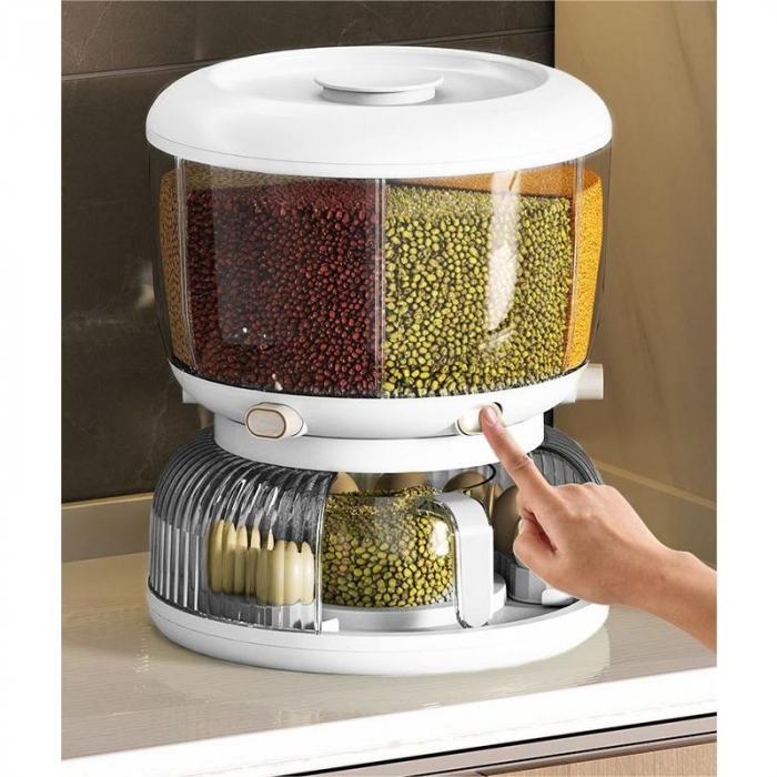 Dozator etajat de cereale Flippy, rotativ 360, 6 compartimente, capacitate 10L, cofrag special pentru oua, vas pentru scurgerea cerealelor, 35x27.5 cm, alb [5]
