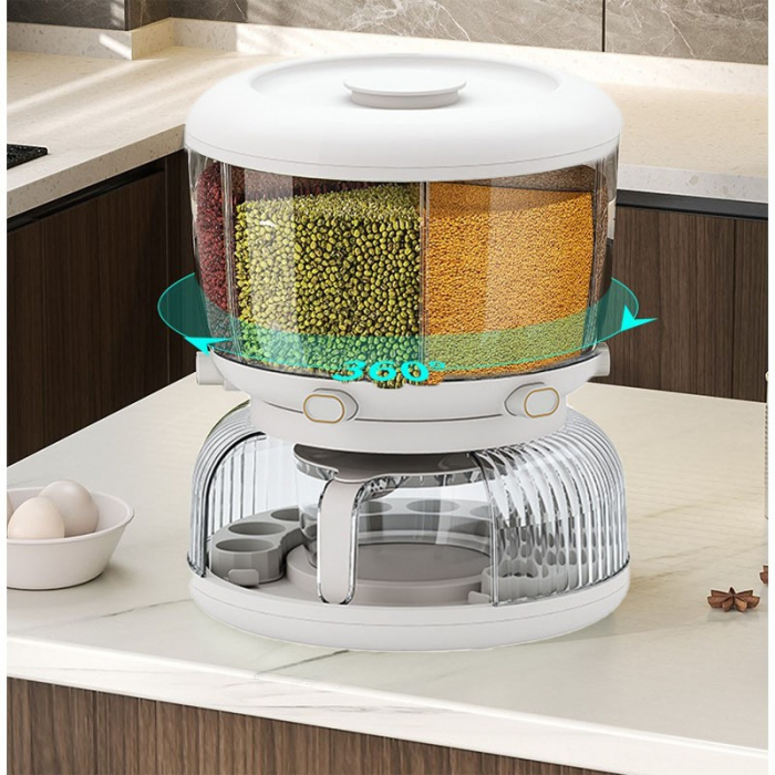 Dozator etajat de cereale Flippy, rotativ 360, 6 compartimente, capacitate 10L, cofrag special pentru oua, vas pentru scurgerea cerealelor, 35x27.5 cm, alb [4]