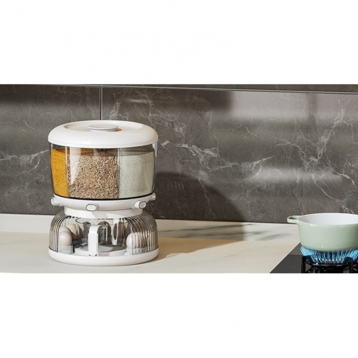 Dozator etajat de cereale Flippy, rotativ 360, 6 compartimente, capacitate 10L, cofrag special pentru oua, vas pentru scurgerea cerealelor, 35x27.5 cm, alb [2]
