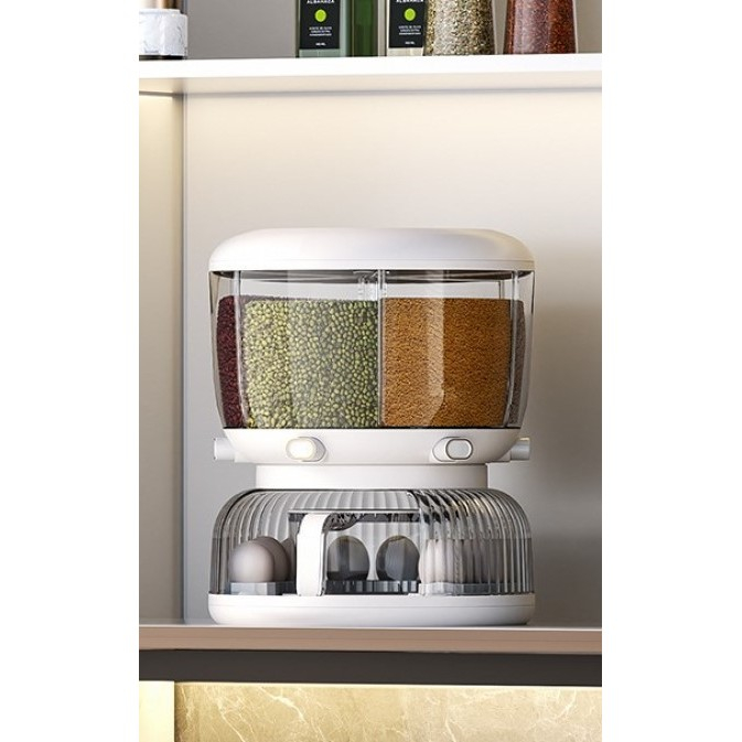 Dozator etajat de cereale Flippy, rotativ 360, 6 compartimente, capacitate 10L, cofrag special pentru oua, vas pentru scurgerea cerealelor, 35x27.5 cm, alb [3]