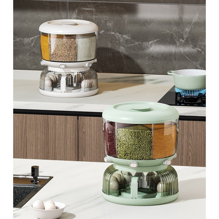 Dozator Etajat de Cereale Flippy, Rotativ 360, 6 Compartimente, Capacitate 10L, Cofraj Special pentru Oua, Vas pentru Scurgerea Cerealelor, 35x27.5 cm, Verde [10]