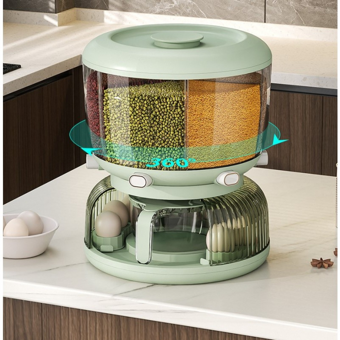 Dozator Etajat de Cereale Flippy, Rotativ 360, 6 Compartimente, Capacitate 10L, Cofraj Special pentru Oua, Vas pentru Scurgerea Cerealelor, 35x27.5 cm, Verde [4]