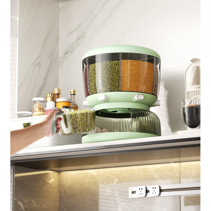 Dozator Etajat de Cereale Flippy, Rotativ 360, 6 Compartimente, Capacitate 10L, Cofraj Special pentru Oua, Vas pentru Scurgerea Cerealelor, 35x27.5 cm, Verde [5]