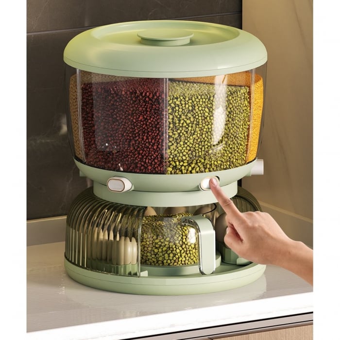 Dozator Etajat de Cereale Flippy, Rotativ 360, 6 Compartimente, Capacitate 10L, Cofraj Special pentru Oua, Vas pentru Scurgerea Cerealelor, 35x27.5 cm, Verde [2]