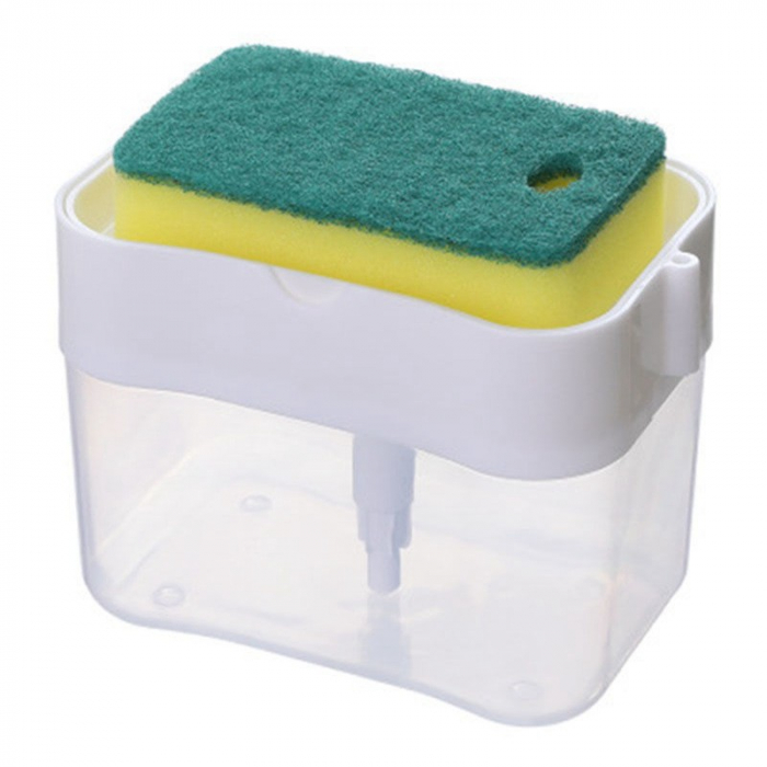 Dozator Flippy, Dispenser 2 in 1 pentru Detergent Lichid de Vase sau pentru Obiecte Sanitare cu Suport pentru Burete de Bucatarie ,14 x 10.5 x 10 cm, capacitate 380 ml, alb [1]