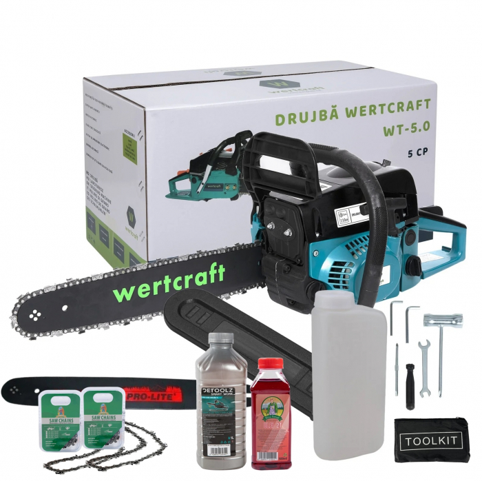 Drujba pe benzina Wertcraft, 5 CP, 52 CC, 2 timpi, 2 x lama 40 cm, 2 x lant, Ulei Ungere, Ulei Amestec [1]