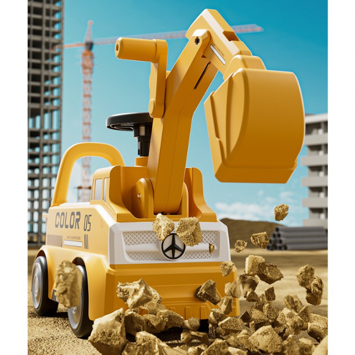 Lichidare Excavator Manual pentru copii, Flippy, 3 ani, Sport, Claxon, Cutie Depozitare, Lumini, Scaun, 62x26x47 cm, Galben [10]