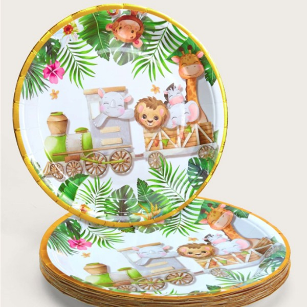 Farfurii Cartonate pentru Petreceri, Flippy, Farfurii cartonate de unica Folosinta pentru Zile de Nastere, Model Safari cu animale, set 10 buc, Diametru 23 cm, Multicolor [2]