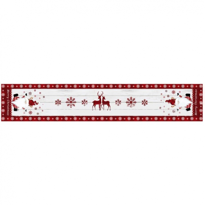 Fata de Masa Craciun, Flippy, Model 1 Elfi si Reni, din Textil, 33x180cm, Alb/Rosu [1]