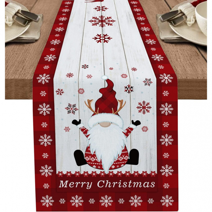 Fata de Masa Craciun, Flippy, Model 1 Elfi si Reni, din Textil, 33x180cm, Alb/Rosu [5]