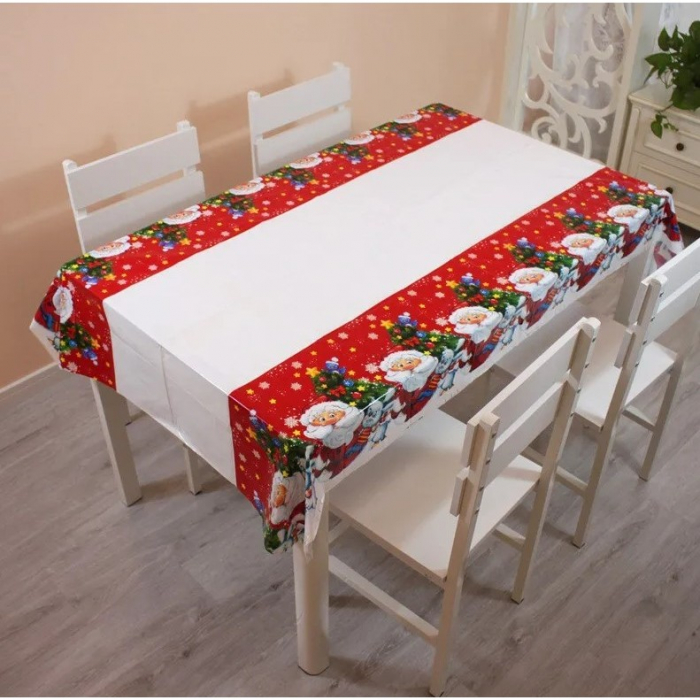 Fata de masa dreptunghiulara Flippy, PVC, 2.5 mm grosime, imprimeu Mos Craciun cu iepuras, potrivit pentru Craciun, utilizare multipla, 180 x 108 cm, alb [1]