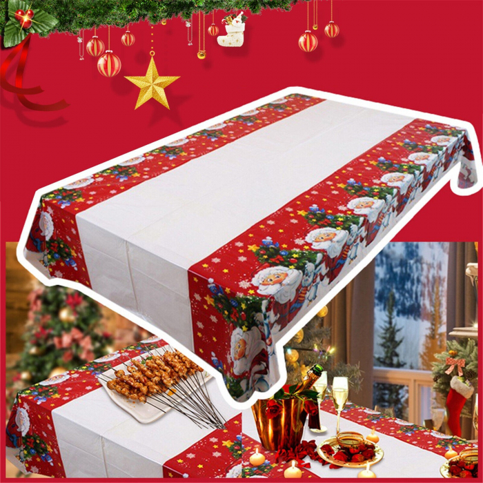 Fata de masa dreptunghiulara Flippy, PVC, 2.5 mm grosime, imprimeu Mos Craciun cu iepuras, potrivit pentru Craciun, utilizare multipla, 180 x 108 cm, alb [6]