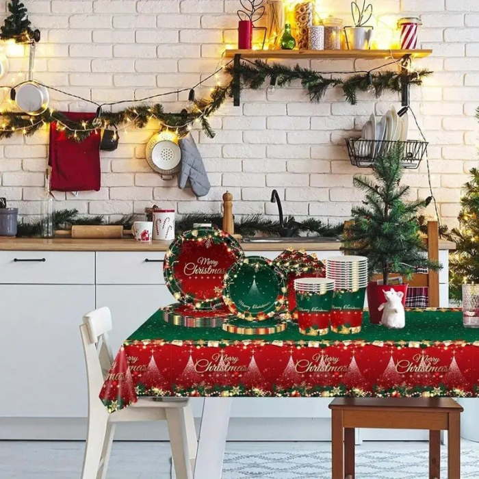 Fata de Masa Festiva, Flippy, Dreptunghiulara, Imprimeu Merry Christmas, Tema Craciun, Rezistenta la Apa, din PVC, 137 x 274 cm, Rosu/Verde [5]